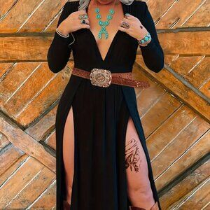 Black V Neck Boho Western Maxi dress - Double leg slits - Medium